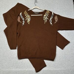 Marshall Rousso Sweater Pants Set Womens‎ Large Brown Animal Rhinestone 2 Pc